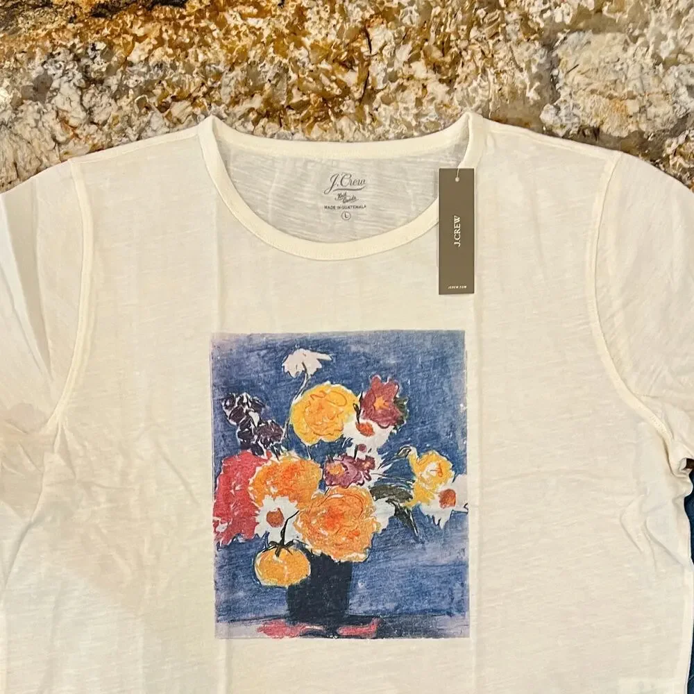 NWT J. Crew Ivory W/Floral Still Life Vintage Cotton Cropped T-Shirt - SIZE L - Picture 2 of 6
